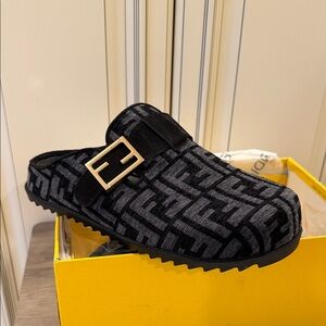 Black and Gray Fendi Mules Slip-On Shoes